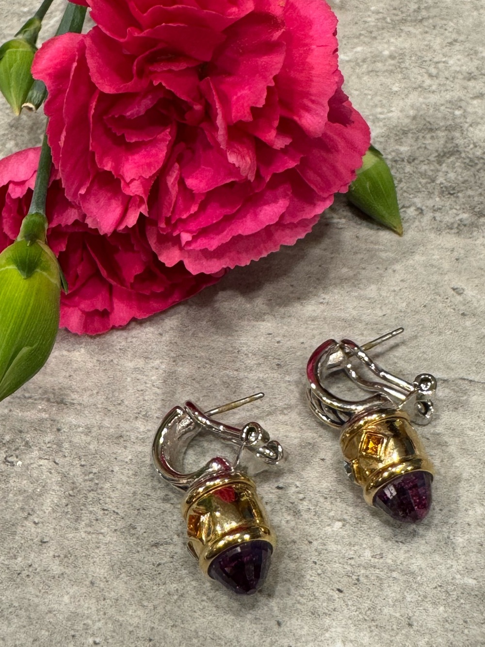 Gold & Silver Tone Drop Earrings with Purple Stone
